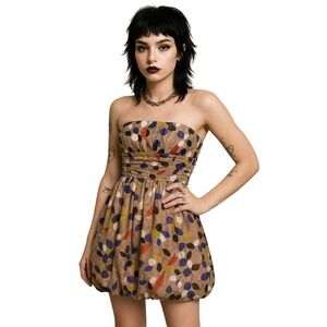 Lotus Strapless Mini Dress Beige Floral Print Tie‎ Back Party Casual 90s  Med